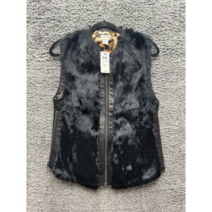 NWT Cache Leopard Print Rabbit Fur Leather Full Zip‎ Vest Black Womens Size L